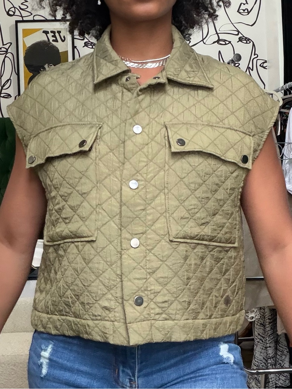 Zara Quilted Sleeveless Utility Vest in Olive